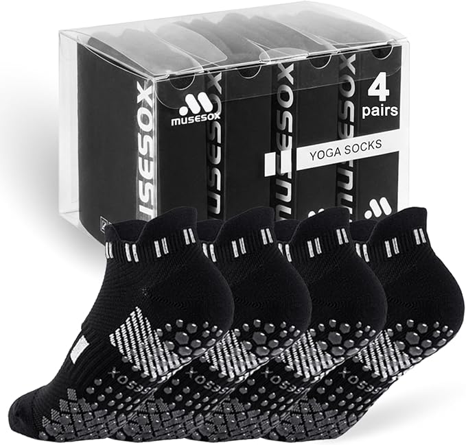 musesox 4 Pairs Non-Slip Pilates Socks for Women with grips,Grippy Ankle Socks for Yoga,Barre,Hospital,Gym,Dance