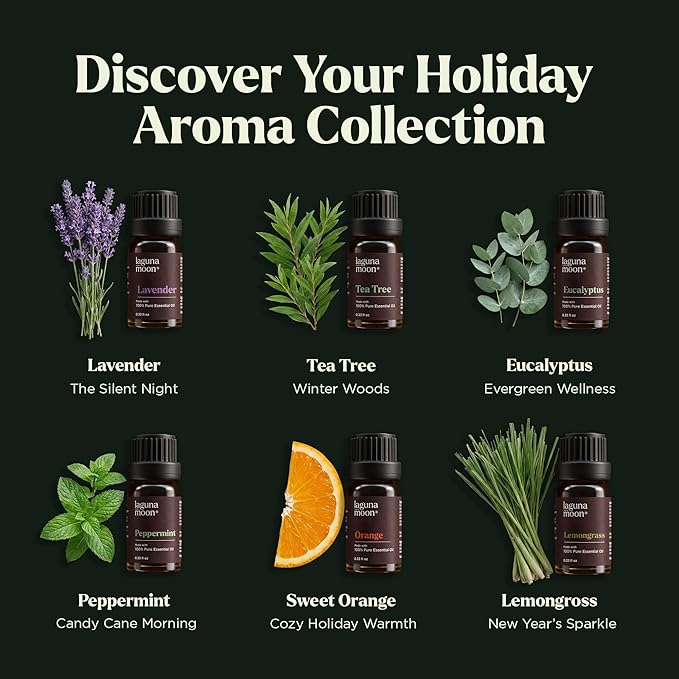 Lagunamoon Essential Oils Christmas Set - 6 Oils for Diffusers, Home Care, Candle Making Scents, Fragrance, Aromatherapy, Humidifiers, Gifts - Peppermint, Tea Tree, Lavender, Eucalyptus, Orange (10mL)
