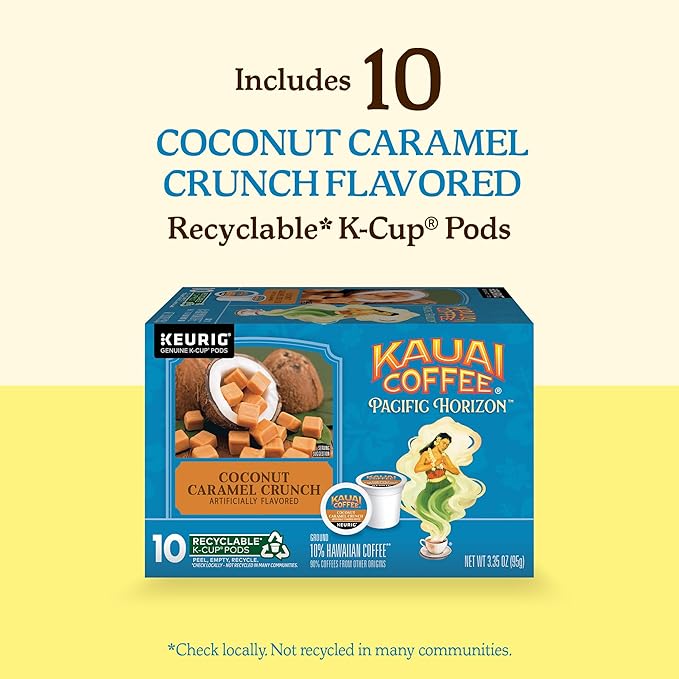 Kauai Coffee K-Cup Pods for Keurig Brewers – Arabica Coffee, 10% Hawaiian – Medium Roast, Nutty Caramel with Tropical Coconut – Coconut Caramel Crunch, 1 Pack of 10 Single Serve K-Cups