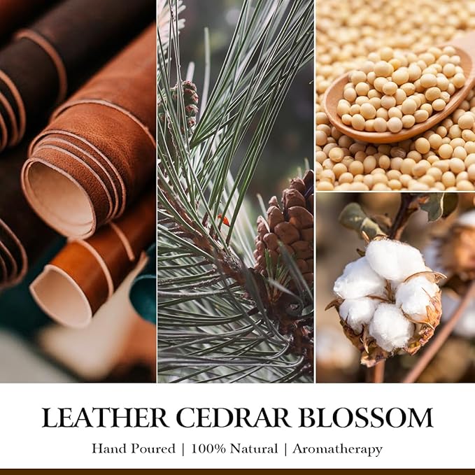 Scented Candles for Men - Leather Cedear Blossom Scent | 50Hr Burn Soy Wax in Brown Glass - Man Cave Gifts, Birthday for Him, Father's Day Gift (9oz)