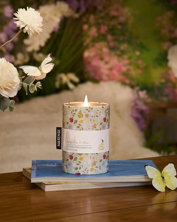 M&SENSE Spring Pear Rose Scented Candle, Medium Jar Candle 11.3oz Natural Soy Wax for Home Scented, Floral Candles Gift for Spring Holiday, Up to 70 Hours Burning Long-Lasting Fragrance