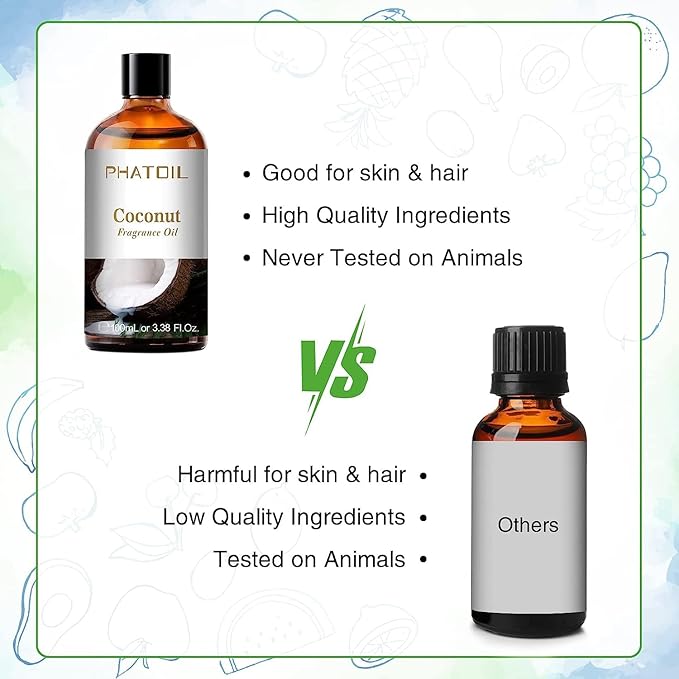 PHATOIL 3.38FL.OZ Coconut Fragrance Oils for Aromatherapy, Essential Oils for Diffusers for Home, Perfect for Diffuser, Yoga, Skin Care, DIY Candle and Soap Making - 100ml
