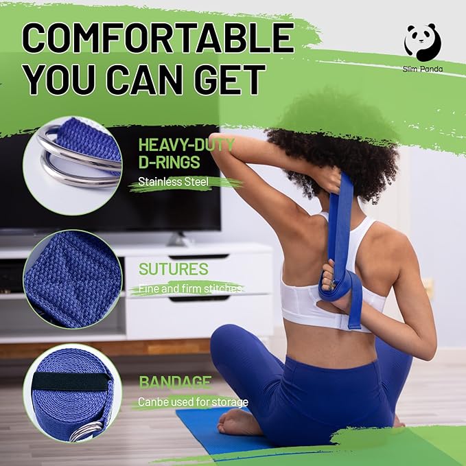 Slim Panda Yoga Strap for Stretching,Cotton Yoga Strap with Adjustable D-Ring Buckle,Non-Elastic Yoga Belt for Pilates,Gym Workouts,Physical Therapy,Improve Flexibility