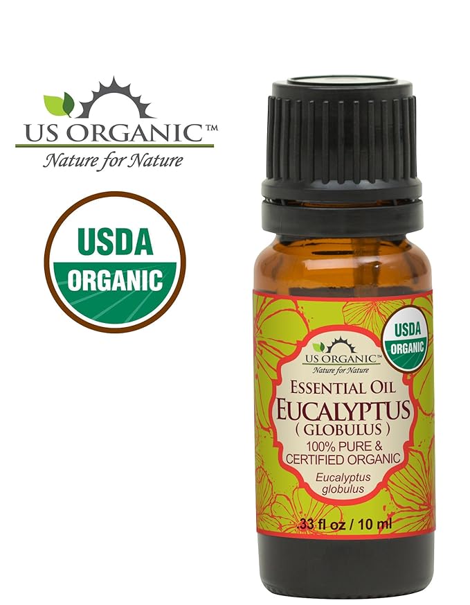 US Organic 100% Pure Eucalyptus Essential Oil (Globulus) - USDA Certified Organic, Steam Distilled - W/Euro droppers (More Size Variations Available) (10 ml / .33 fl oz)