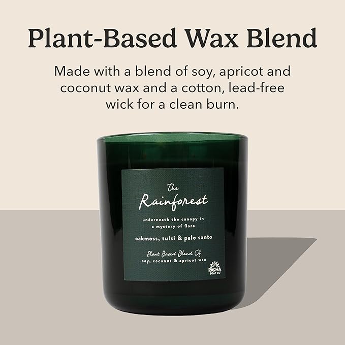 Pacha Soap Co. Rainforest Candle - Oakmoss, Tulsi and Palo Santo Scented, Soy, Coconut & Apricot Wax Blend, Cotton Wick, 60+ Hour Burn Time, Long-Lasting, Recyclable, Paraffin-Free, Made in USA, 12 oz