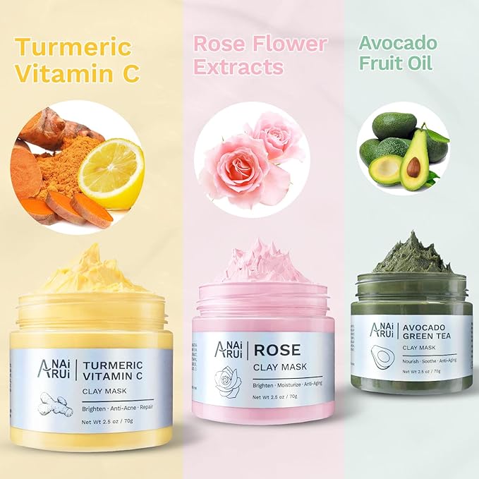 ANAI RUI 3 Pack Clay Mask Set Turmeric Vitamin C Clay Mask -Rose Facial Mask -Avocado Green Tea Mud Mask Smoothing, Hydration & Glow,Spa Gift Set, Valentines Day Gifts for Women/her 2.5 oz Each