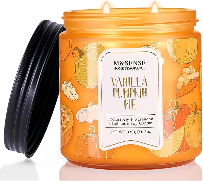 M&SENSE Fall Candles Vanilla Pumpkin Pie Scented, 11.6oz Natural Soy Wax Non Toxic, Double Wick 70 Hours Clean Burn, Warm Spiced Autumn Scent, Seasonal Gifts Home Decor