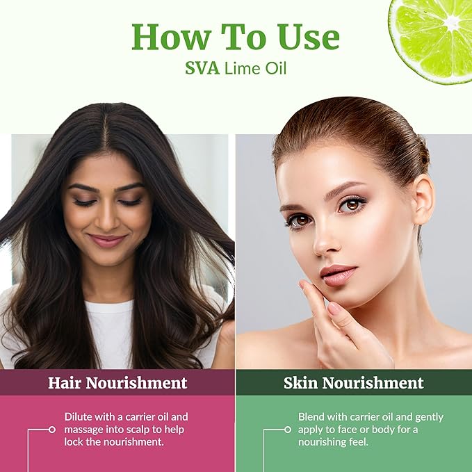 SVA Lime Essential Oil – 4 Fl Oz – 100% Natural Lime Oil - for Diffuser, Hair Care, Face, Skin Care, Aromatherapy, Scalp and Body Massage, Soap and Candle Making - with Dropper