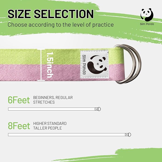 Slim Panda Yoga Strap for Stretching,Cotton Yoga Strap with Adjustable D-Ring Buckle,Non-Elastic Yoga Belt for Pilates,Gym Workouts,Physical Therapy,Improve Flexibility