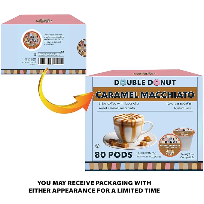 Double Donut Caramel Macchiato Flavored Coffee Pods - Caramel Coffee in Single Serve Coffee Pods for the Keurig K Cups Coffee Brewers, Medium Roast From Double Donut, 80 Count