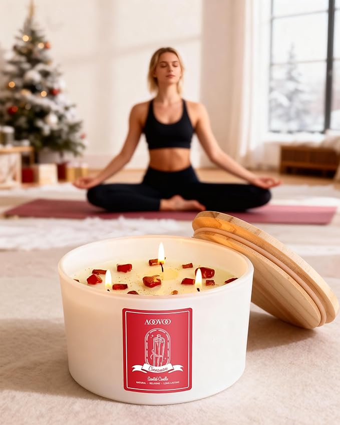AOOVOO Apple Cinnamon Scented Candles for Women - 20oz 3 Wick Soy Candles for Home Scented, Aromatherapy Candle with Crystals Inside, Birthday Gifts Christmas Candle for Women Mom