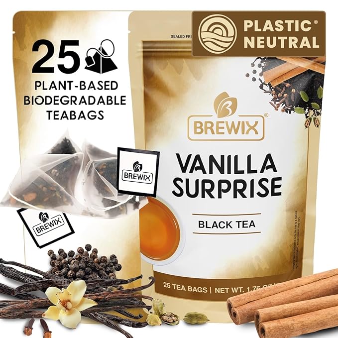 BREWIX, Vanilla Spiced Chai Tea (25 Pyramid Tea Bags) | High Caffeine, Gluten Free | Blend Of Vanilla & Masala Chai Tea | Black Tea with Cinnamon, Black Pepper, Cardamom and Clove | Energy & Focus Tea