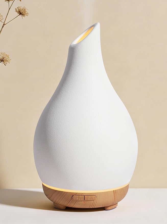 InnoGear Essential Oil Diffuser, 150ml Ceramic Diffuser Handcrafted Stone Aromatherapy Diffusers Ultrasonic Cool Mist Humidifier Vaporizer 2 Mist Modes Waterless for Home, White Vase-Shaped Ceramic