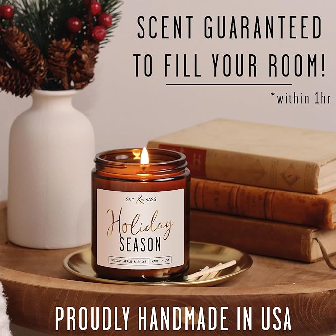 Holiday Candles, Christmas Candles Scented – ‘Holiday Season’ Soy Candle, w/Apple, Cinnamon & Clove - Infused with Essential Oils I Holiday Candle I 9oz, 50Hr, Made in USA