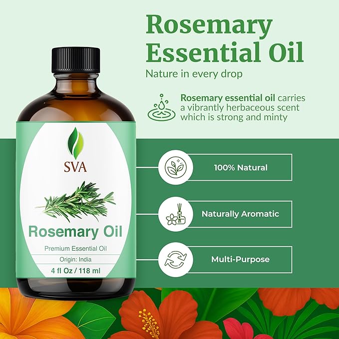 SVA Rosemary Essential Oil – 4 Fl Oz – 100% Natural Rosemary Oil for Hair, Face, Skin Care, Diffuser, Aromatherapy, Scalp, Body Massage, Soap and Candle Making – with Dropper