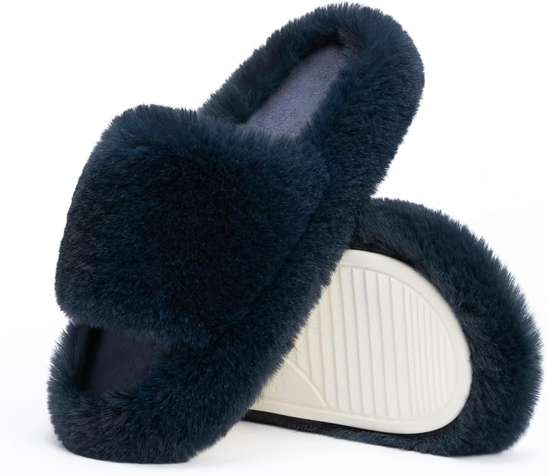 Chantomoo Women's Blue Memory Foam Faux Fur Lined Open Toe Slippers for Women - US 12