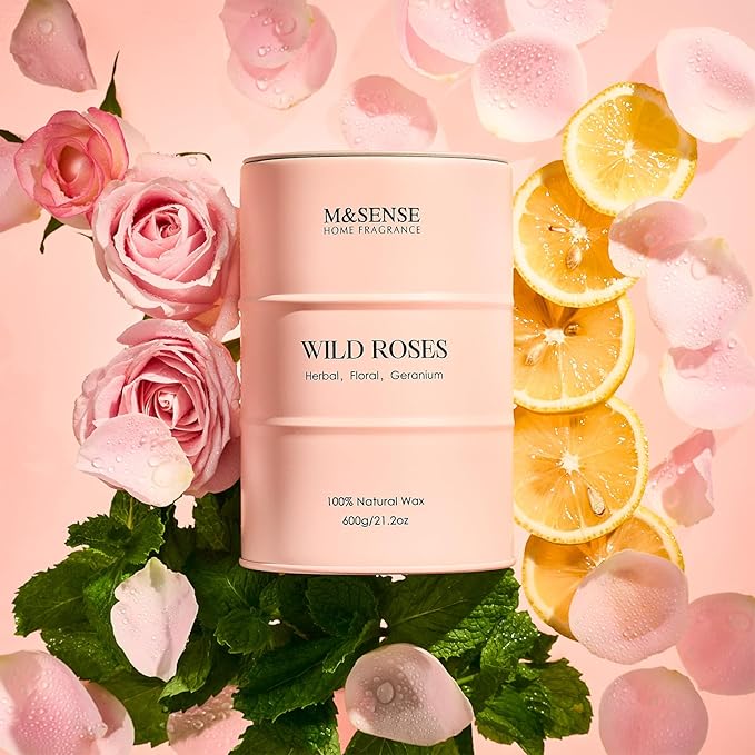 M&SENSE Wild Rose Large Natural Scented Candle, 120 Hours Long Lasting Soy Candles 21.2oz, Stress Relief Luxury Aromatherapy Candles for Women, Romantic Candle Valentines Day Gifts for Her