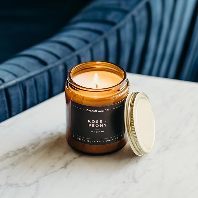 Calyan Wax Co. Rose & Peony Scented Candle - 57 Hour Burn - Luxury Non Toxic Soy Wax Candles - Long Lasting Amber Glass Jar Candle for Home - 7.2oz