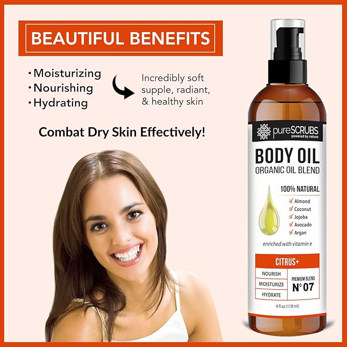 pureSCRUBS Ultra Moisturizing Citrus+ Body Oil Spray for Dry Skin, Massage, Cuticles & More Organic Super Blend of Jojoba, Argan, Coconut, Sweet Almond & Avocado Oils Enriched with Vitamin E, Lg 4oz