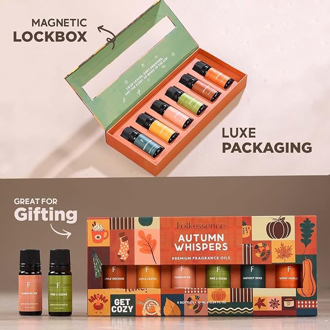 Folkulture Autumn Whisper Essential Oils Set | 6 Cozy Fragrance Oils for Diffusers | Pumpkin Spice & Warm Fall Scents | Aromatherapy Oils for Relaxation, Home & Self-Care