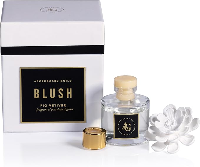 Zodax Apothecary Guild Blush Porcelain Oil Diffuser - Home Fragrance Diffuser Ideal for Living Room, Bathroom, Office - Makes a Great Gift - Porcelain Flower Design - Fig Vetiver - 1.69 Oz.
