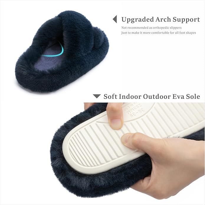 Chantomoo Women's Blue Memory Foam Faux Fur Lined Open Toe Slippers for Women - US 12