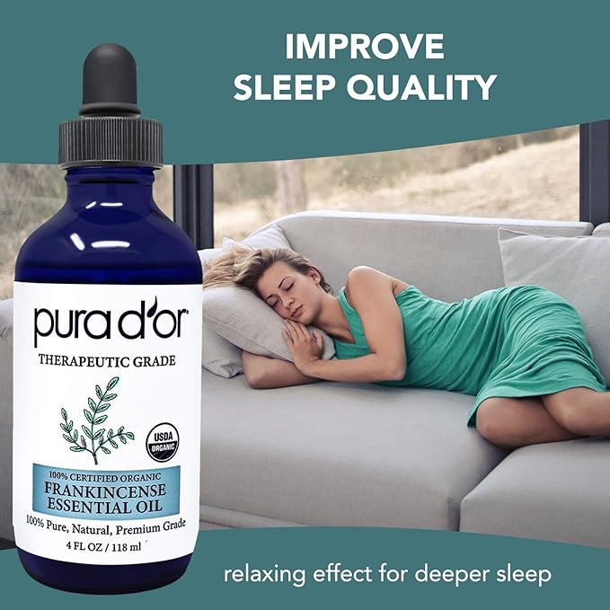 PURA D'OR ORGANIC Frankincense Essential Oil (4oz with Glass Dropper) 100% Pure & Natural Therapeutic Grade For Hair, Body, Skin, Aromatherapy Diffuser, Relaxation, Meditation, Mood, Massage, DIY Home