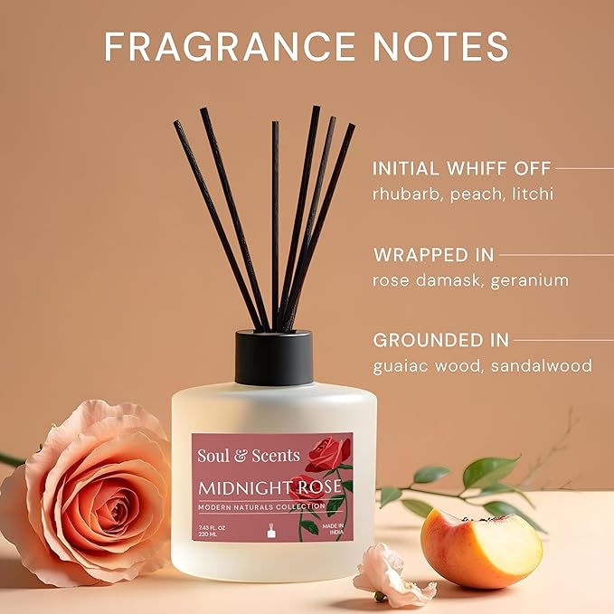 Soul & Scents Reed Diffuser Set – Midnight Rose | 7.43 oz Refillable Scented Oil with 6 Fiber Sticks | Long-Lasting Home Fragrance & Air Freshener for Bedroom, Bathroom, Office | Gift & Décor Piece