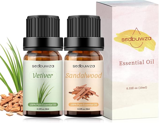 Sedbuwza Sandalwood Vetiver Essential Oil Set, Sandalwood Fragrance Oil Vetiver Scent Oil Set for Diffuser, Aromatherapy, Massage, Soap, Candle Making 2 x 10 ml