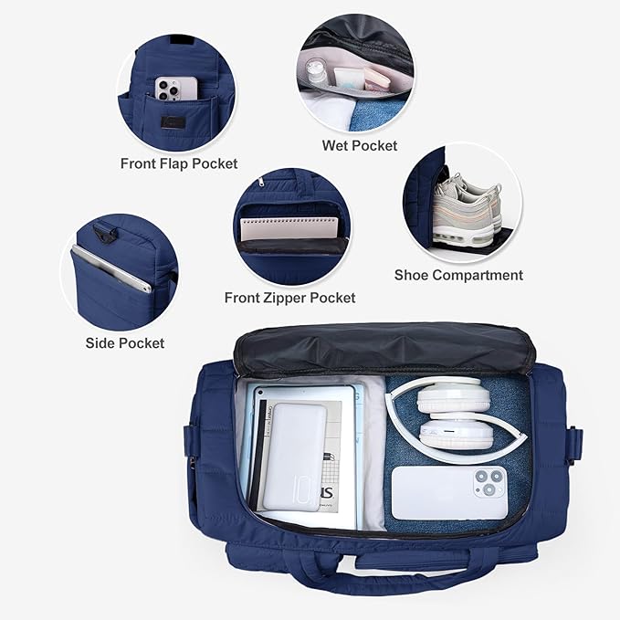 Gym Bag for Women, Cute Travel Duffel Bag with Shoe Compartment & Wet Pocket, Lightweight Puffer Weekender Overnight Bag, Travel Carry On for Sport, Hospital, Yoga