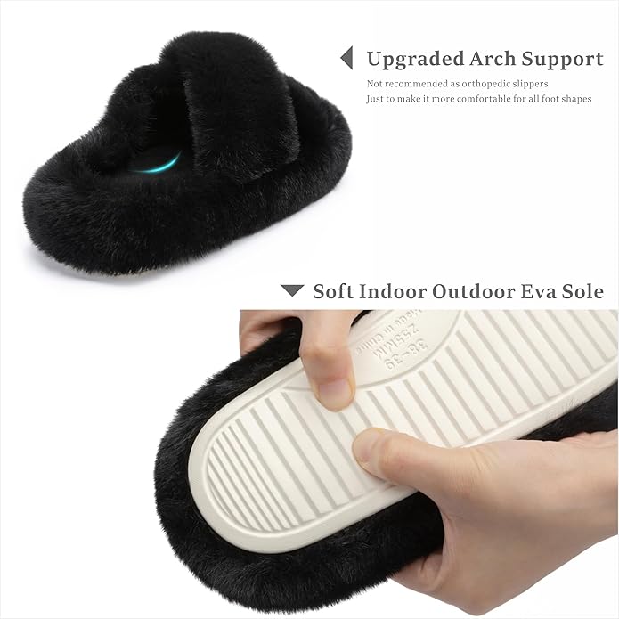 Chantomoo Women's Blue Memory Foam Faux Fur Lined Open Toe Slippers for Women - US 12