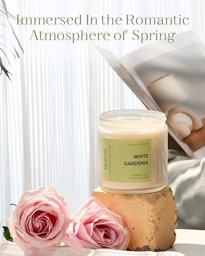 M&SENSE White Gardenia Scented Candle - 11.6oz Natural Soy Wax 70-Hour Long Lasting Burn Time Non Toxic, 2-Wick Spring Flower Candle for Home Decor Slow-Burning Aromatherapy Gifts