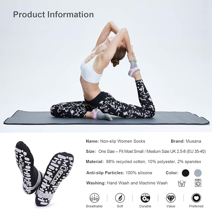 Muezna Non Slip Yoga Socks for Women, Anti-Skid Pilates, Barre, Hospital Socks with Grips, Size 5-10
