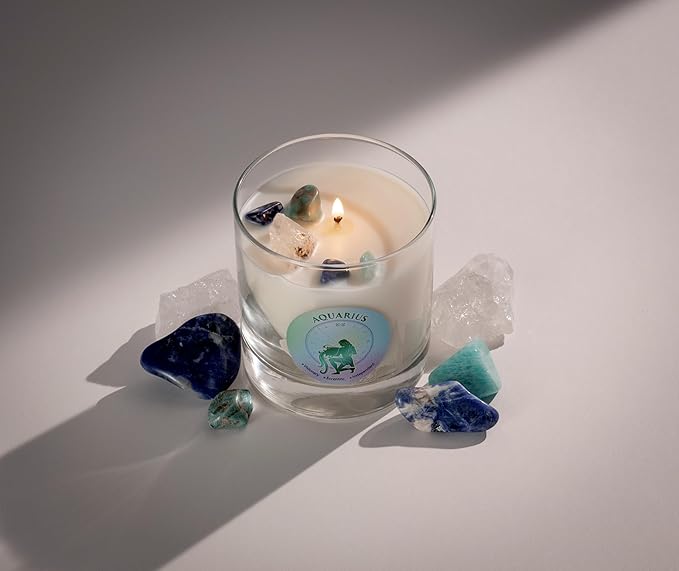 Luxury Glass Jar Candle, Aquarius Zodiac Sign, 8.8 oz - Crystal Infused - Scents of Lemongrass, Jasmine, Black Currant, & Sugar - USA Made, Coconut-Soy Wax, Essential Oil, Dr. Developed