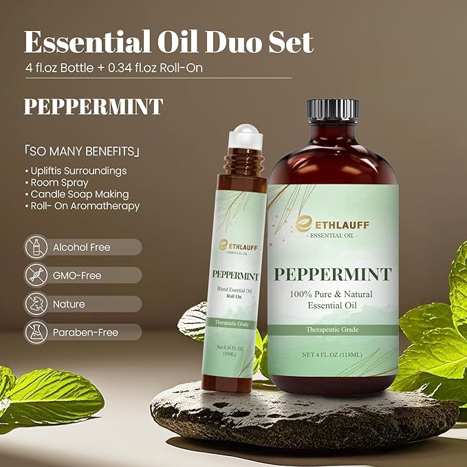 Peppermint Essential Oil & Roll-On Oi — Peppermint Oils for Aromatherapy, Diffusers, Humidifiers, Home fragrances, DIY Skincare, Candle, Soap Making, Relaxation, Yoga, and Meditation