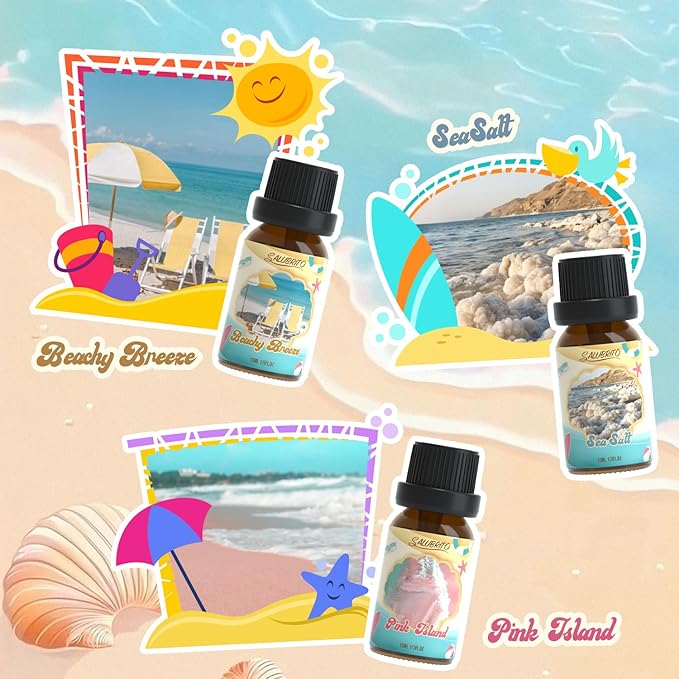 SALUBRITO Beach Fragrance Oils Set, Summer Essential Oils for Diffuser, Candle, Soap Making, Beachy Breeze, Sea Salt, Pink Island, Ocean Air, Island Time, Mint Mojito Scented Oil