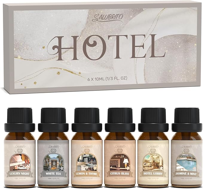 SALUBRITO Hotel Fragrance Oil Set, Luxury Essential Oil Set for Diffuser, Candle, Soap Making Scents, Luxury Night, White Tea, Lemon & Thyme, Citrus Bliss, Hotel Lobby, Jasmine & Mint, Strong Scented