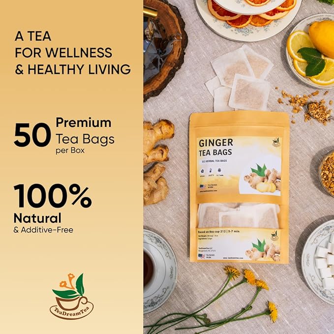Ginger Tea Bags - 25 Bags - Premium & Spicy Ginger Herbal Tea - Pure Natural Extract Caffeine-Free and Gluten-Free Herbal Tea from Real Flowers for Relaxation with Smooth Taste (25 count)