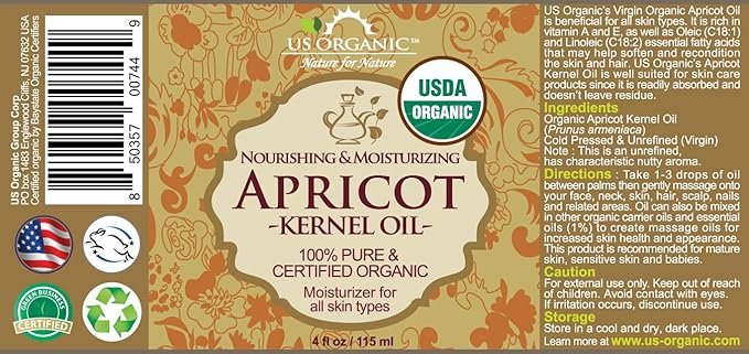US Organic Apricot Kernel Oil, USDA Certified Organic,100% Pure & Natural, Cold Pressed Virgin, Unrefined in Amber Glass Bottle w/Glass Eyedropper for Easy Application (4 oz (Large))