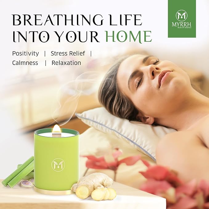 MyrrhUSA Lemongrass Ginger Scented Candle – 15oz Natural Soy Wax with Crackling Wooden Wick & Essential Oil, 80 Hour Burn, Luxury Aromatherapy Candle for Relaxation, Home Décor, Living Room & Bathroom