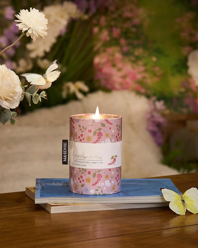 M&SENSE Pink Pepper Peony Scented Candle, Medium Jar Candle 11.3oz Natural Soy Wax for Home Scented, Floral Candles Gift for Spring Holiday, Up to 70 Hours Burning Long-Lasting Fragrance