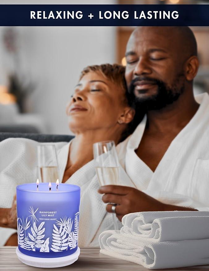 Rainforest Lily Mist 3-Wick Soy Scented Candle, 14.5 oz | Fresh Rain & Marine Scent with Jasmine, Apple, Lily & Cedar | Aromatherapy Candle for Home, Long-Lasting Clean Burn