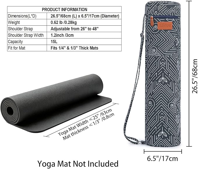 ELENTURE Canvas Yoga Mat Bag with Adjustable Strap & Pockets, Full-Zip Travel Gym Tote for Women & Men, Fits 1/4" & 1/3" Thick Mats, Lightweight Carrier for Yoga, Workout, Outdoor Use