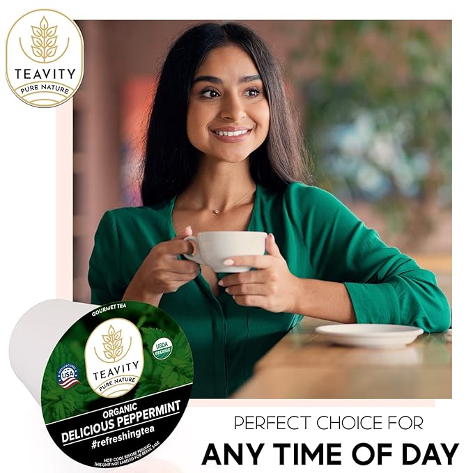 Organic Peppermint Tea Pods for Keurig - Decaf Tea - by Teavity (36 Tea Pods)