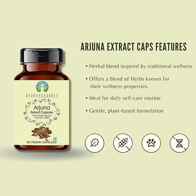 Arjuna Extract 500mg - 60 Vegetarian Capsules| |Terminalia Arjuna Tannis |All Natural | 100% Vegan | Gluten-Free