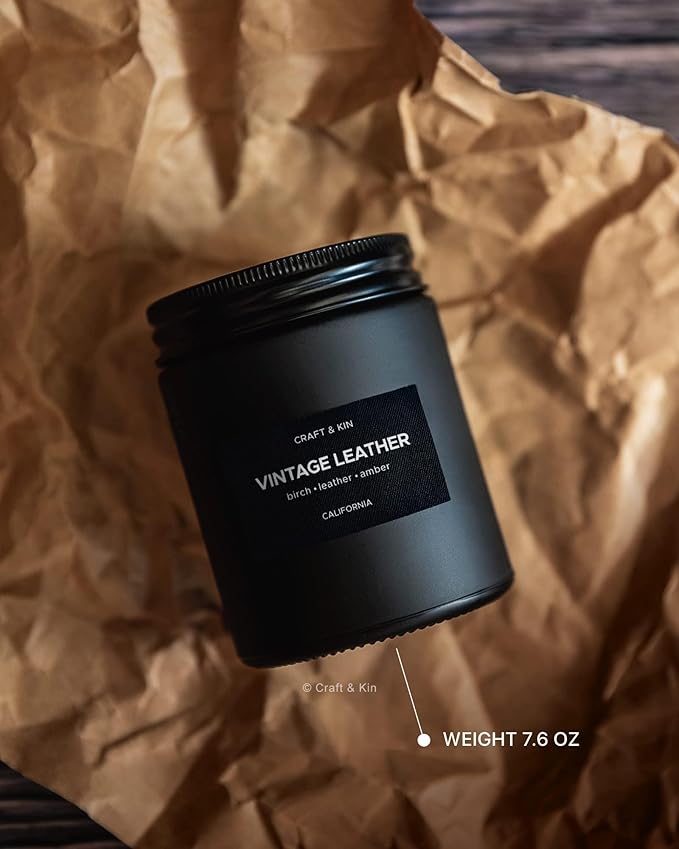 Craft & Kin Premium Vintage Leather Candle | Black Christmas Scented Candles for Men | Long Lasting with 45 Hour Burn Time, 7.6oz | Soy Holiday Candles | Aromatherapy at Home | Gifts for Men