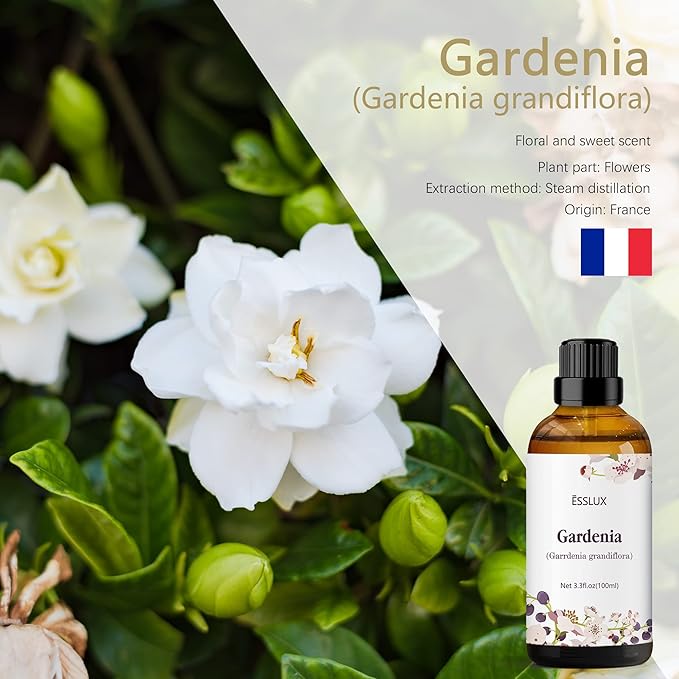 Gardenia Essential Oil 100ml (3.3 Fl Oz), ESSLUX Aromatherapy Essential Oils for Diffuser, Massage, Soap, Candle Making, Perfume