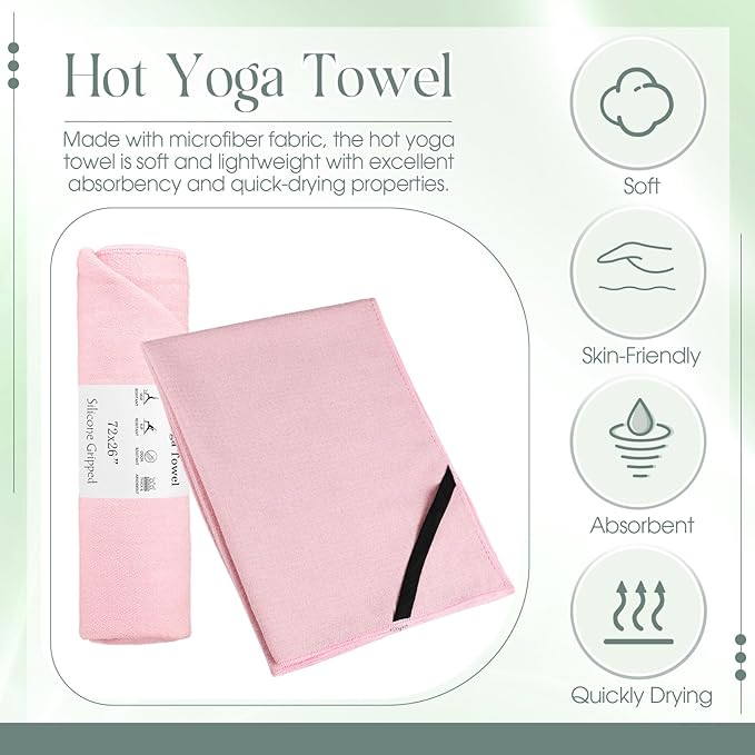 Hahafelt 3 Pack Non Slip Hot Yoga Mat Towel with Grip Dot and Secure Fit Elastic Straps 72" x 26" Microfiber Yoga Towel Absorbent Sweat for Pilates Fitness(Morandi Pink Blue Green)