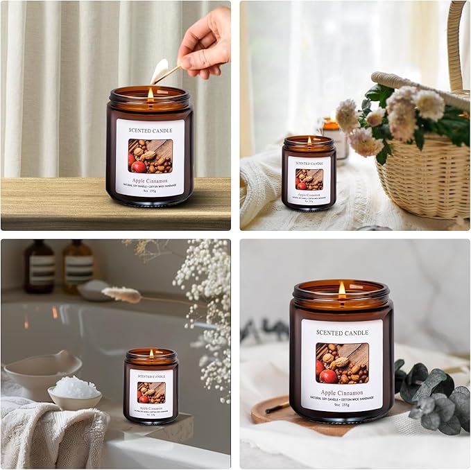 Apple Cinnamon Scented Candles for Home Scented Aromatherapy Candles, Hand-Poured, 9 OZ, 50H Clean Burn,Soy Wax Candle Gift Set for Women Men