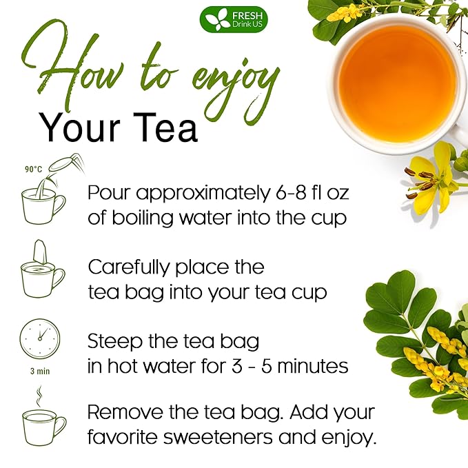 FreshDrinkUS, Premium 135 Senna Leaf Tea Bags for Constipation, Supports Your Cardiovascular System, 100% Natural & Pure. Loose Leaf Senna Herbal Tea, Made with Natural Material Tea Bags. Non GMO, No Sugar/ Caffeine/ Gluten, Vegan.